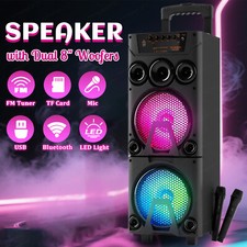Dual 8 Inch Wood Bluetooth Party Speaker 2 Wireless Mics LED USB SD AUX Recharge