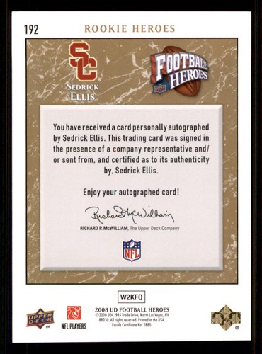 2008 Upper Deck Heroes AUTO Gold #192 Sedrick Ellis /40 - Picture 2 of 2