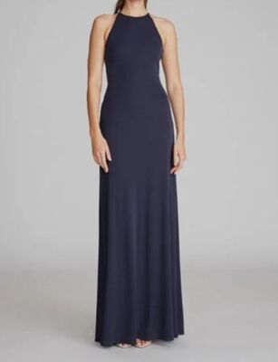 $575 Halston Women's Blue Halter Neck Cutout Lace-Up Gown Dress Size 12