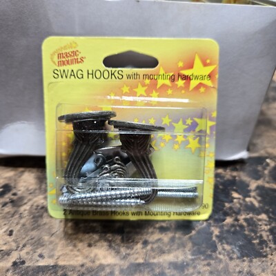 Magic Mounts Swag Hooks 1 1/2''  2 Piece Antique Brass Hooks w Mounting Hardware 