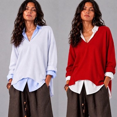 Damen Sweatshirt weiß rot 36-40 V-Neck Oversize Langarm Lagenlook High Low