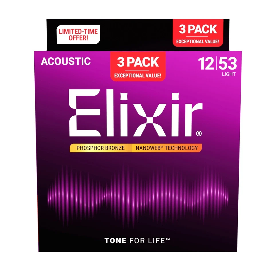 * 3 套 ELIXIR 16052 NANOWEB ACOUSTIC 吉他弦灯 12-53 PHOSPHOR BRONZE — 第 2/3 张图片