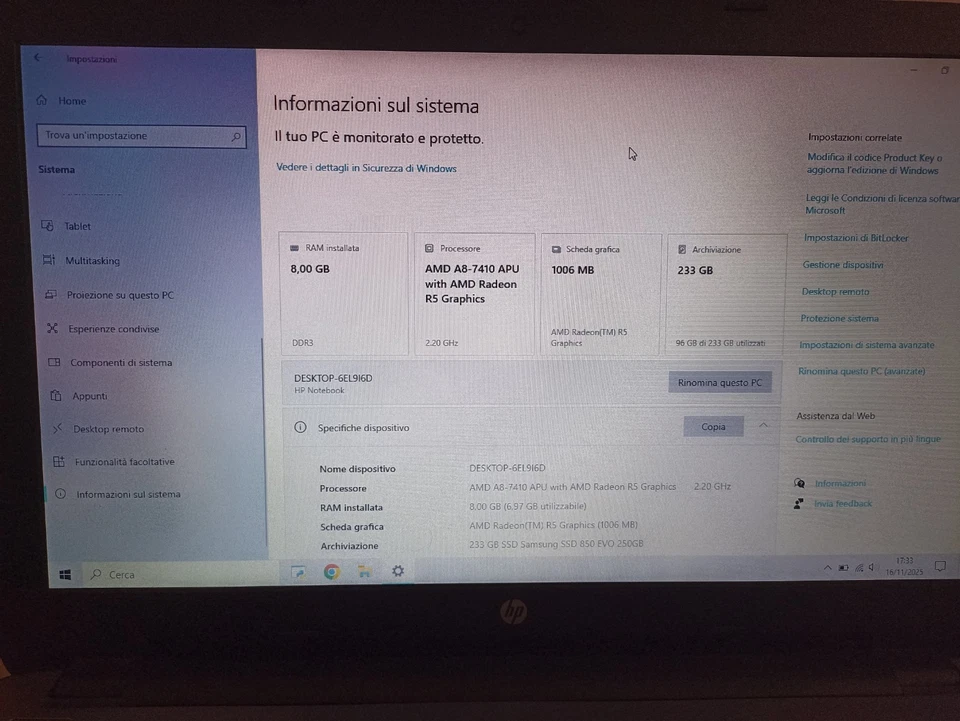 Notebook HP 15-ba097nl – AMD A8-7410 – 8 GB RAM – 250Gb SSD – 15,6" - Immagine 2 di 4