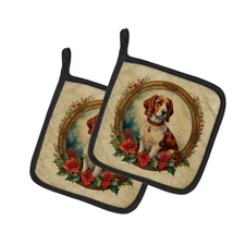 Brittany Spaniel Christmas Flowers Pair of Pot Holders DAC2333PTHD