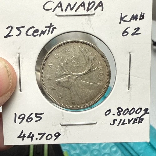 Canada 1965 - 25 Cent Quarter Canadian Coin - 80% Silver  XF details