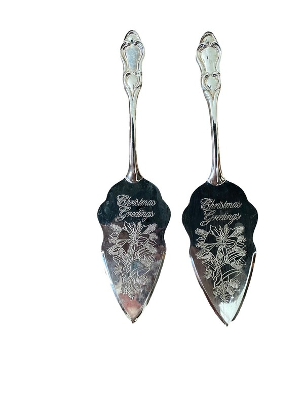 2 Vintage Era Christmas Greetings Silver-plate Pie Cake Server Engraved Holiday 