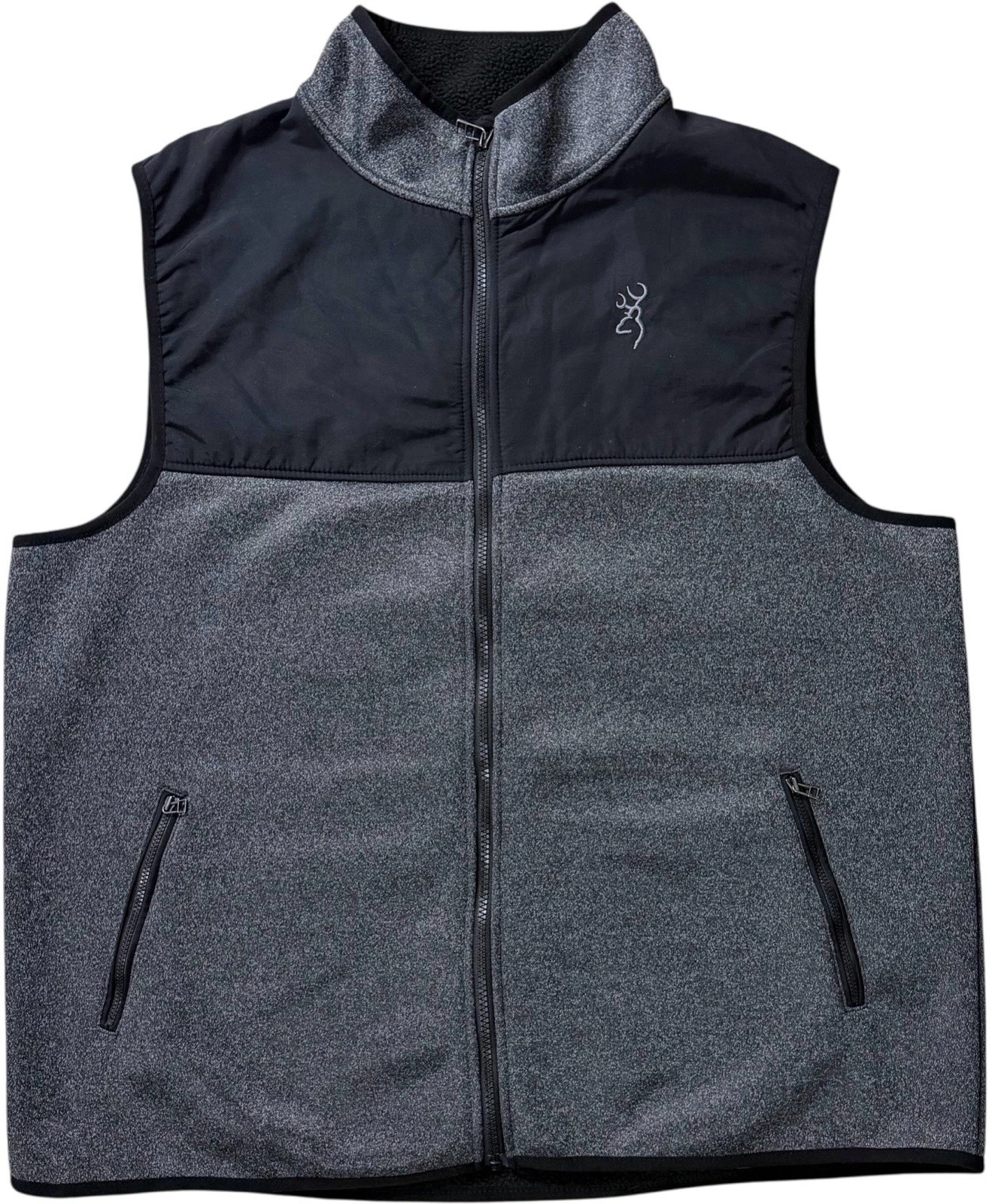 Browning Full Zip Fleece Vest XL Gray Black Windproof Hunting Outdoors Buck Logo