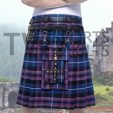 Designer Pride Of Scotland Utility Kilt With Leather Straps  Black Kilt Socks