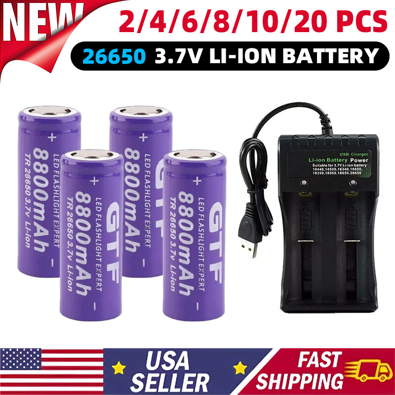 10PCS 26650 Battery Rechargeable 3.7V 8800mAh Li-ion Batteries Cell Charger LOT