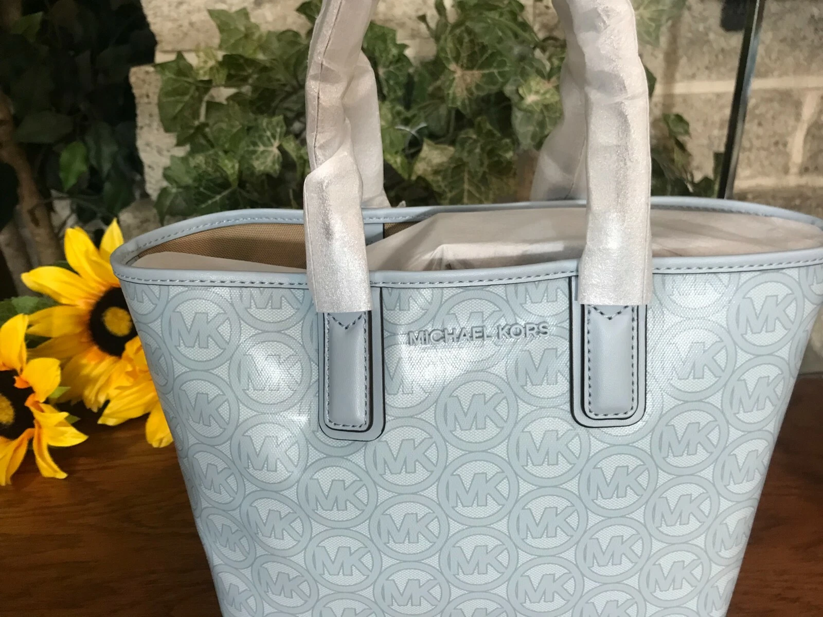 BORSA BORSETTA NUOVA CON ETICHETTE MICHAEL KORS SMALL JODIE LOGO JACQUARD TOTE OCEANO PALLIDO BORSETTA BORSETTA