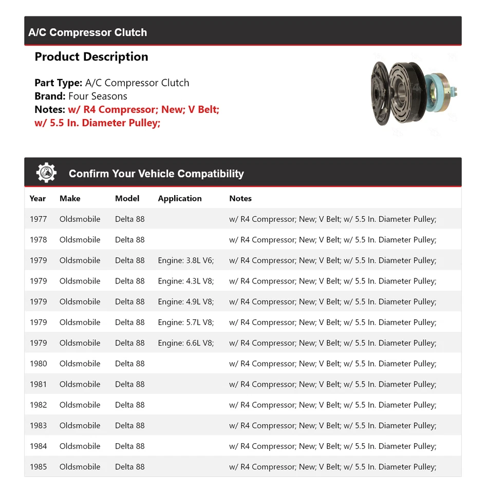 Embrague compresor aire acondicionado Oldsmobile Delta 88 1977-1985 4 estaciones 1978 1979 1980 Foto 2 de 4