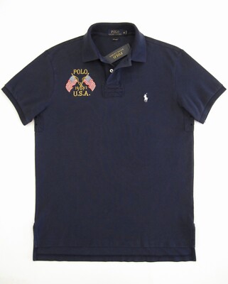 Mens Ralph Lauren CUSTOM FIT Crossed USA Flags Rugby Polo Shirt