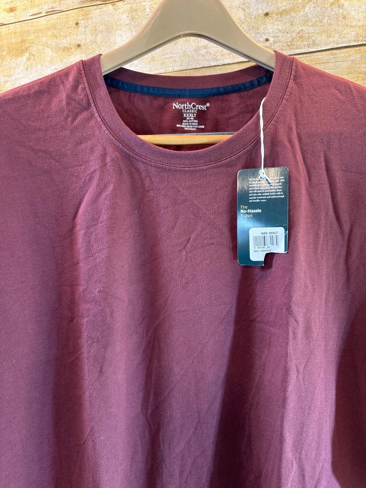 NORTHCREST MEN'S 3XLT TALL T SHIRT NO HASSLE TEE SHORT SLEEVE BURGANDY 🌴NEW🌴