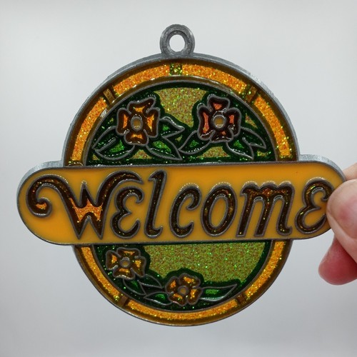 Vtg Makit Bakit Welcome Sign “stained glass” Glitter Suncatcher 80's Ornament - Picture 6 of 8