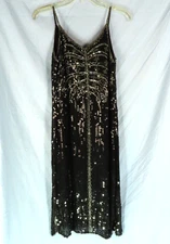 VTG Judith Ann Creations BEADED SILK PARTY DRESS Black/Silver Sequins Flapper S