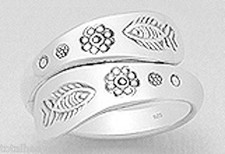 12mm Wide Solid Sterling Silver Fish  Flowers Etched Ring Size 7 BEAUTY