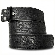 Leather Belt Strap with Embossed Western Scrollwork 1.5" Wide with Snaps Bla...
