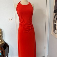 Anthropologie Orange Halter Maxi Dress Ruched Open Back Size L NWT