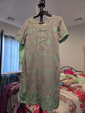 Guneeta GHAI Lined Teal/Gray 3 Pcs Salwaar Kameez Size L B 19" L 38"