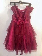Jona Michelle Girls' Fit  Flare Dress Red Tulle Bow Sequin Sleeveless Knee Sz 7