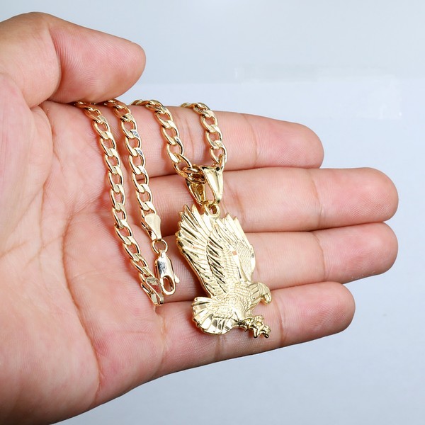 Alternate view of Golden Eagle Pendant 14k Gold Plated Lucky Charm 20" Cuban Link Choker Chain 212