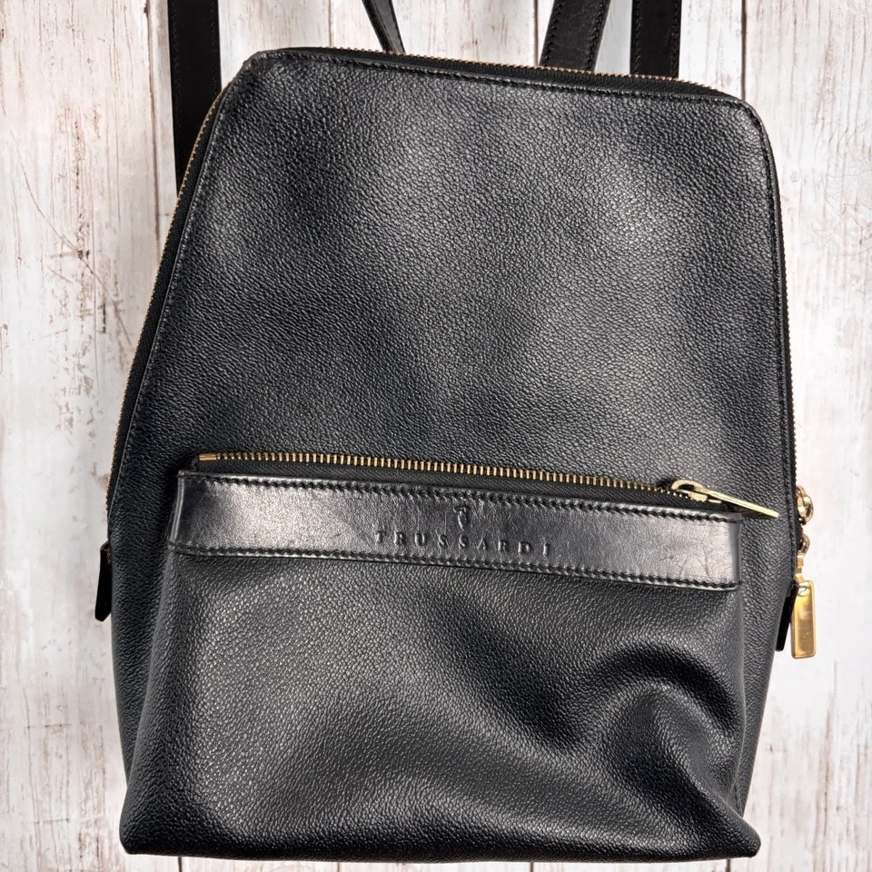 Mini Mochila Cartera Trussardi Cuero Mujer Negra Cremallera Italia Guijarro Foto 2 de 4