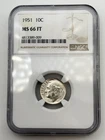 1951-P Roosevelt Silver Dime 10C NGC MS66 FT Full Torch US 90% Coin Toned  BM1