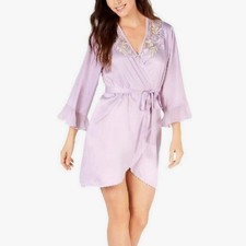 Linea Donatella Satin Embroidered Lace Robe Lavender Purple Size S/M