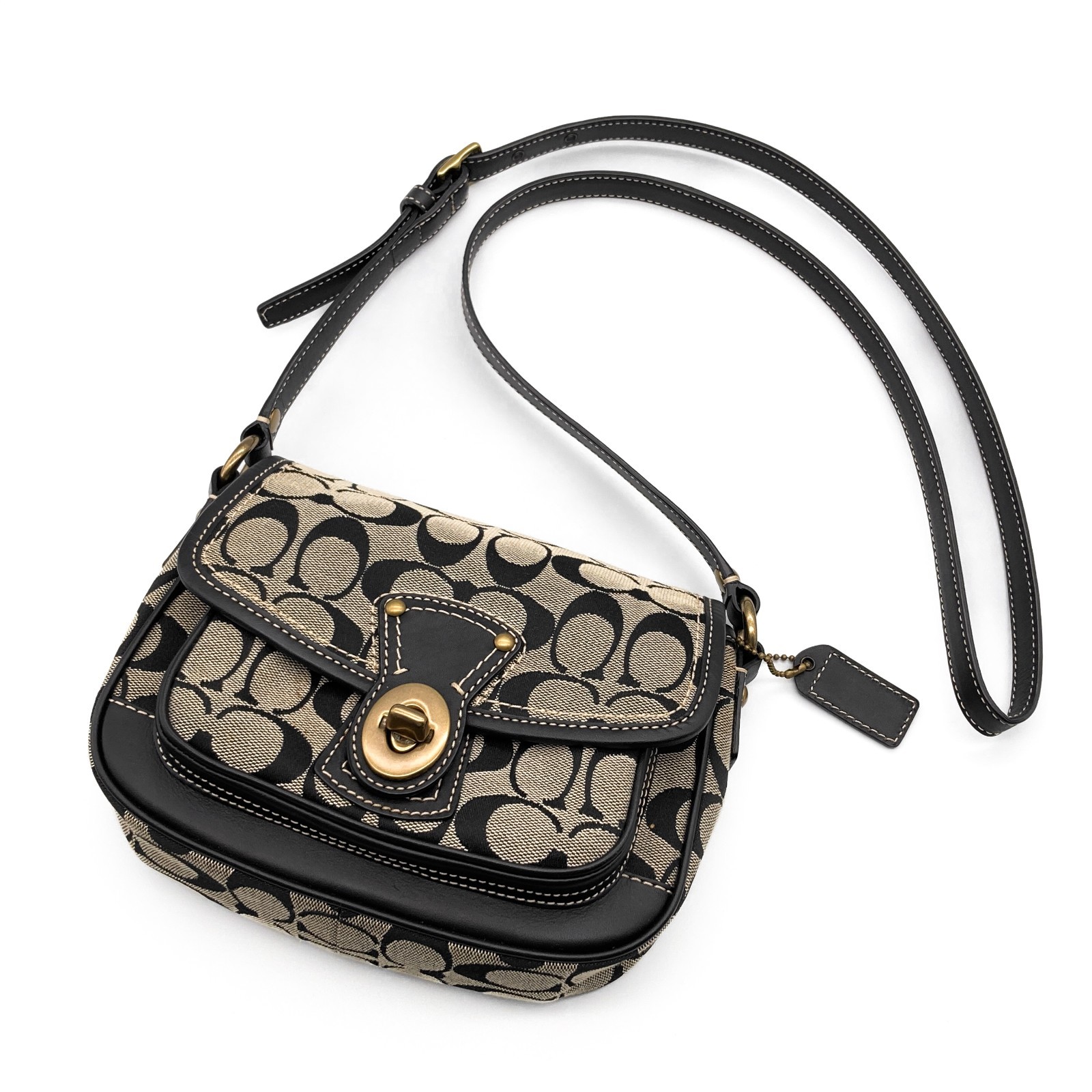 Auth COACH Signature Turn Lock One Shoulder Bag  F10566 Black Gold | B2557/N