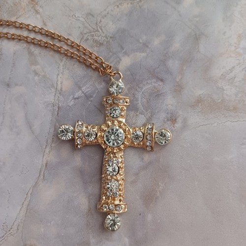 Vintage 90s Oversized Goldtone Rhinestone Cross Pendant Necklace - Bild 4 von 4
