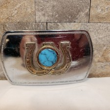 Western Boho Horseshoe Turquoise Belt Buckle Silver Tone Women Vtg 1980's