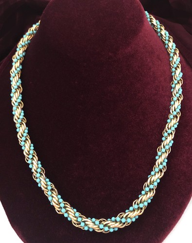 Vintage 70er Jahre AVON Türkis Blau Perle Goldfarben gedrehtes Seil Kette HALSKETTE
