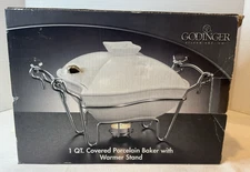 Godinger 1 QT. Covered Porcelain Baker Chafing Dish w/ Warmer Stand NEW Open Box