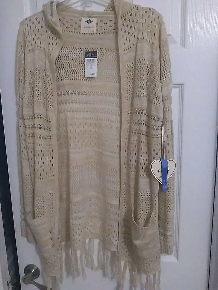 Nuevo-Mujer RUE 21 Beige/Crema Tejido Cárdigan con Flecos Talla: XL  Foto 2 de 4