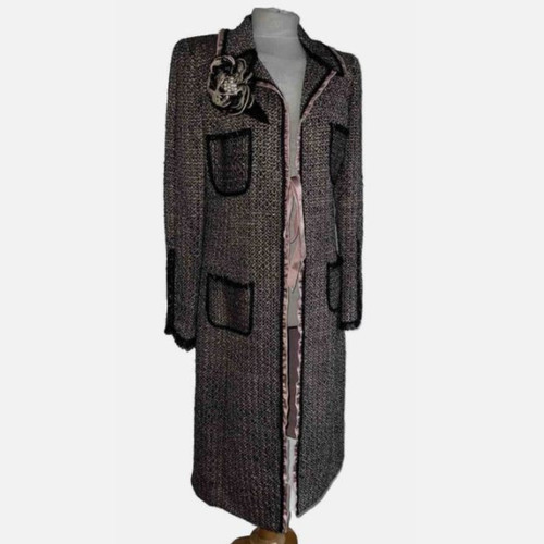 Maria Grazia Severi Italian Tweed Wool Coat IT 44 UK 14 Pink Brown Pearl Brooch