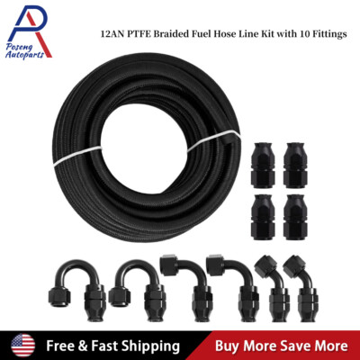 20ft 12AN -AN12 Nylon Braided PTFE Fuel Line With 10 Fittings Hose Kit For E85