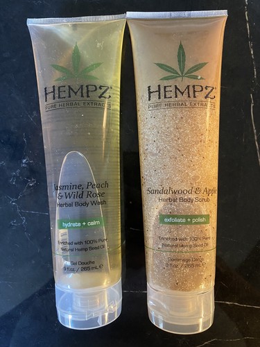Hempz Sandalwood/Apple Herbal Body Scrub + Jasmine/Peach/Wild Rose Wash 265ml ea - Picture 2 of 2