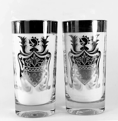 2 Kimiko Guardian Shield Silver Emblem Highball Glasses 16 oz Barware MCM C394