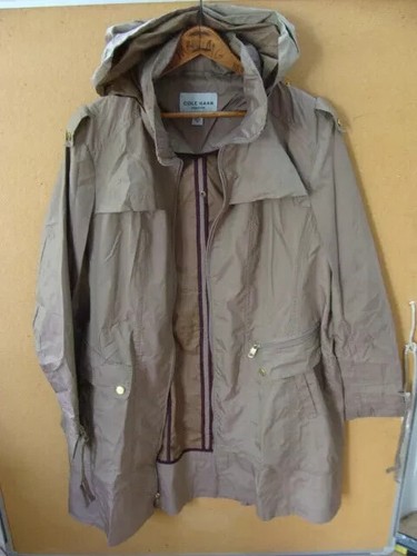 // COLE HAAN Womens Beige Rain Coat Stylish Zip Front Hood Size XL - Picture 3 of 10