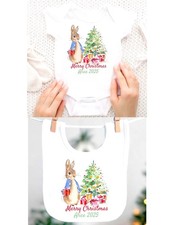 Image of Personalised 1st Baby Girls Boys Bodysuit First Christmas Set Peter Rabbit Gifts