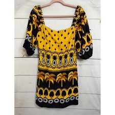 Farm Rio Tropical Palm Pineapple Puff Sleeve Mini Dress Yellow Black Size M