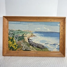 Vintage Finished Coastal Scene Needlepoint Ocean Beach Rustic Wood Frame 10x16"