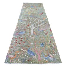 4'x12'2" Green Hand Knotted Peshawar Birds of Paradise Design Wool Runner Rug