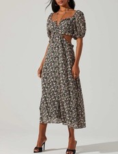 ASTR The Label Black Floral Sweetheart Puff Sleeve Cut-Out Midi Dress Size S
