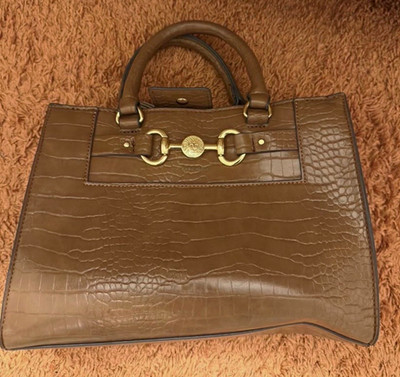 Brown Crocodile Embossed Satchel Top Handle Zip Tassel Detachable Strap