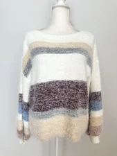 Venus Womens Fuzzy Sweater Size XS Multicolored Striped Boat Neck Balloon Sleeve