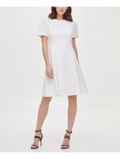 DKNY Womens White Short Sleeve Knee Length Fit + Flare Dress Size: 10