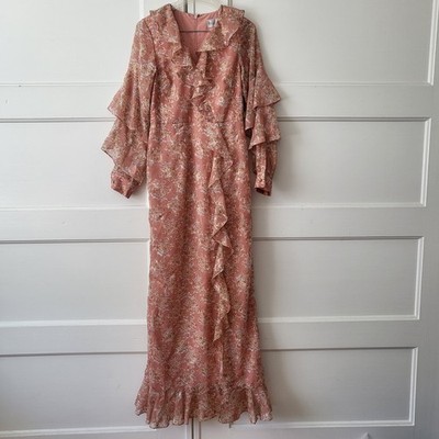 Mikael Aghal Tiered Floral Print Chiffon Ruffle Blush Lurex Maxi Dress Size  4 | eBay