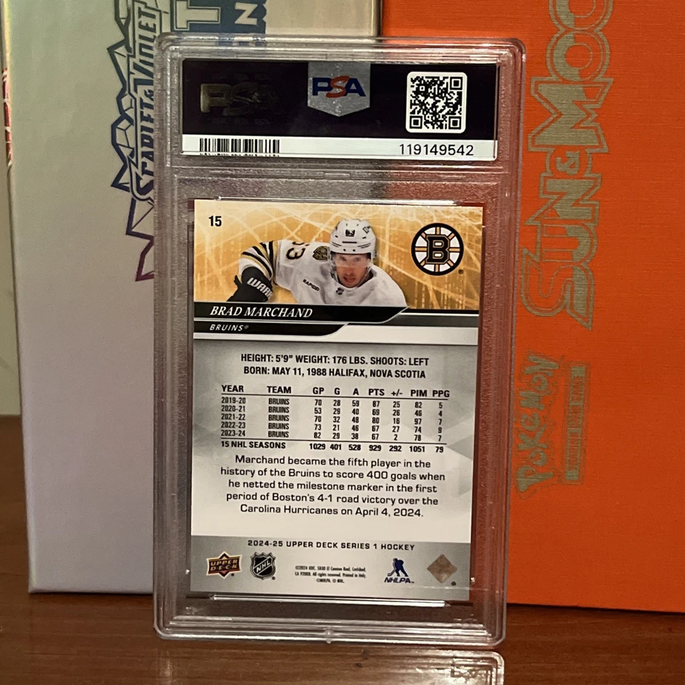 PSA 8 NM-MT Brad Marchand #15 2024 UPPER DECK - Cert#119149542 - Image 2 of 2