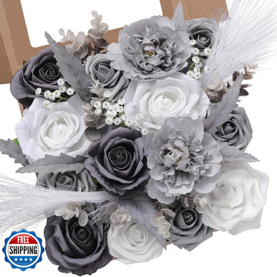 Serwalin Grey Artificial Flowers Set Silk Flowers Stems Realistic Fake Cake